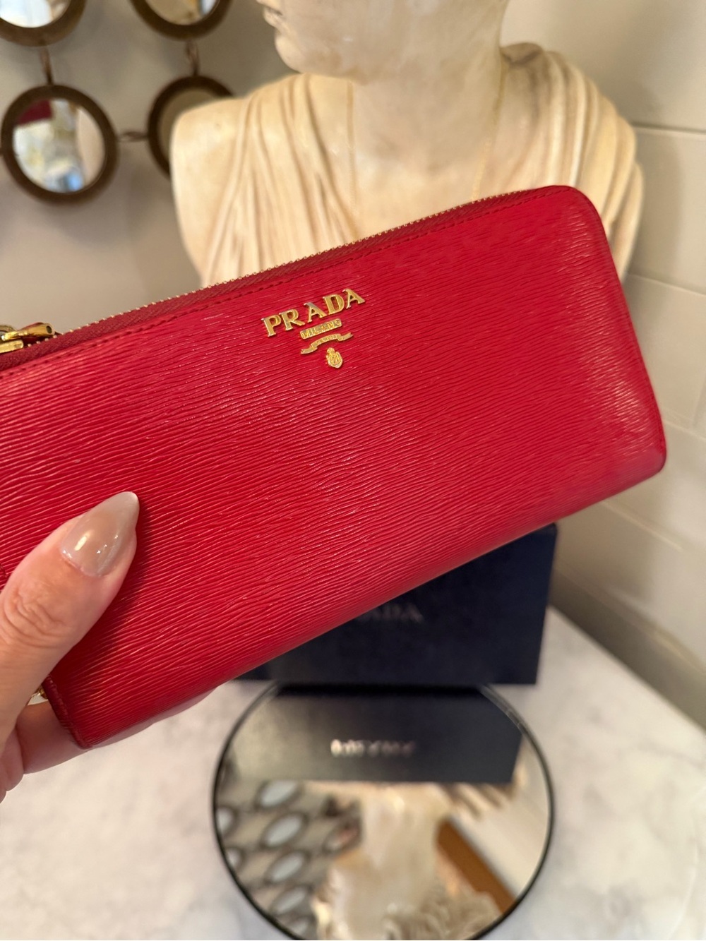 Prada Epi leather Red Textured Zip-Around Wallet with Gold Logo